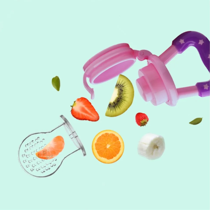 Introducing our innovative baby fruit feeder pacifier! Keep your little one happy and healthy with this safe feeding solution. The image showcases the pacifier filled with fresh fruit chunks, designed to introduce solid foods to infants while minimizing choking hazards. Trust in our quality product to make feeding time a breeze. Shop now for a stress-free feeding experience!