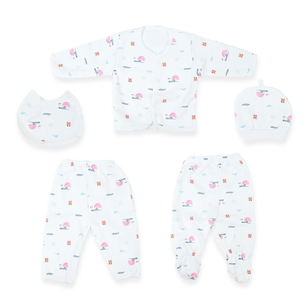 Discover the Cute Printed Design 5-Piece Baby Cloth Set, perfect for newborns! This adorable set includes a cap, bib, shirt, trousers, and tights, all made from a soft cotton and polyester blend. Designed for comfort and style, it features charming prints that make your baby look even cuter. Ideal for daily wear and easy to wash. Available now at babyfairy.pk.