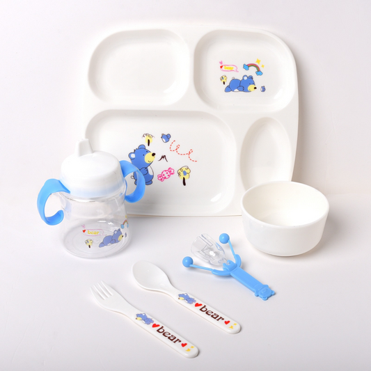 Discover the Cute Plastic Plate Set for Babies, made from BPA-free plastic with adorable animal prints. This set includes a 4-portion plate, bowl, spoon, fork, sippy cup, and rattle toy, available in sky blue and baby pink. Perfect for making mealtime fun and safe. Buy now from babyfairy.pk.