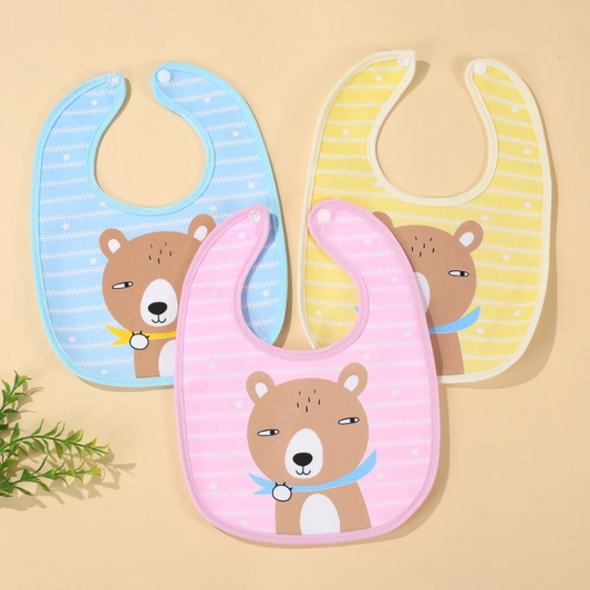 Discover the charm of our Cute Bear Printed Baby Bib, crafted from soft cotton jersey for comfort and durability. Available in baby pink, light blue, and light yellow at babyfairy.pk, these bibs feature adorable bear prints, making mealtime both stylish and practical. Ideal for keeping your baby clean and happy during feeding.