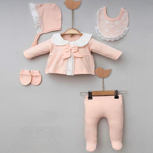 Discover the Cute Baby Girl 5 Pcs Dress Set in adorable peach color, featuring a cap, bib, shirt, trousers, and gloves. Made from soft, baby-friendly fabric for ultimate comfort. Perfect for newborns, this coordinated set is both stylish and practical. Shop now at babyfairy.pk.