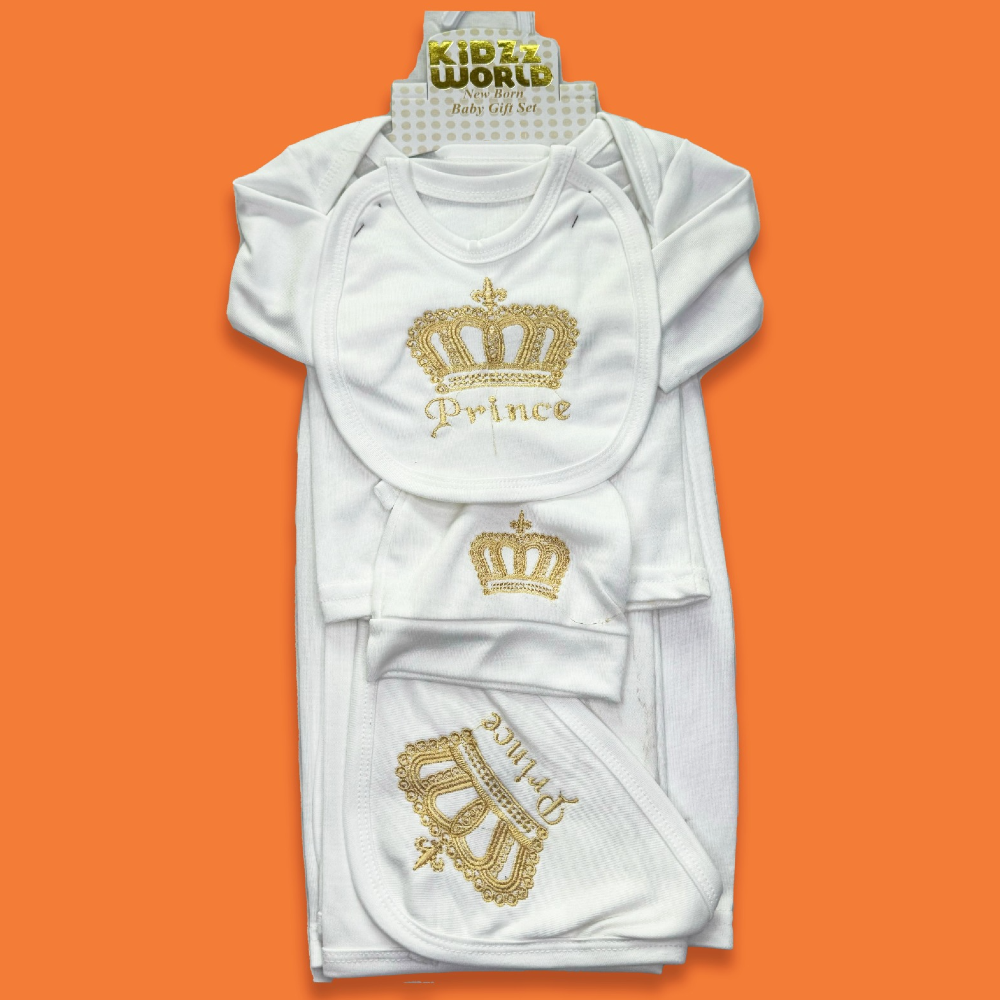 Discover the Cute Baby Boy 5 Pcs Dress Set, featuring the word "Prince" embroidered on each piece. Made from soft cotton and jersey material, this charming white set includes a cap, bib, shirt, trousers, and a wrapping sheet. Perfect for your little prince. Buy now from babyfairy.pk.