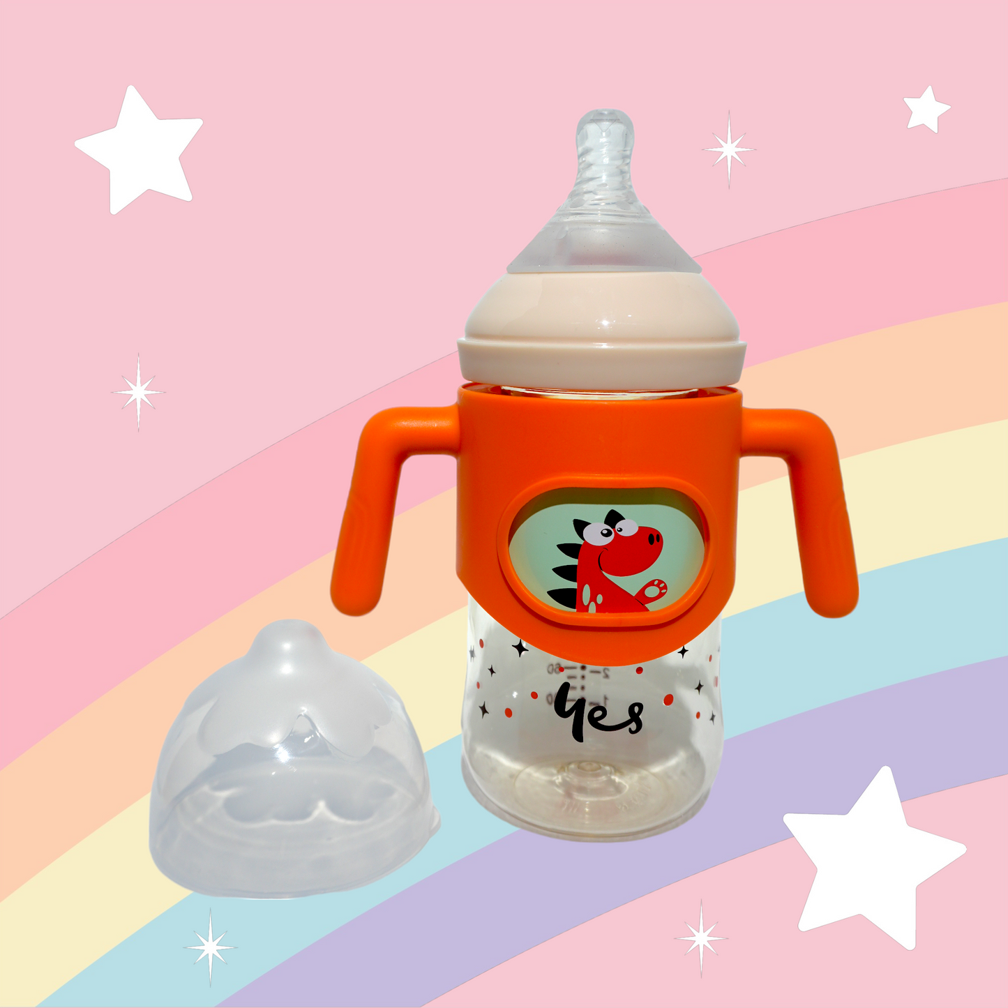 Discover the Yes Wide Neck Plastic Baby Feeder with Handles, perfect for babies 3 months and up. Made from 0% BPA materials, this 300ml feeder ensures a safe feeding experience. With a cute dinosaur print and ergonomic handles, it’s both functional and adorable. Available in vibrant orange and baby pink, it’s an essential for hassle-free feeding. Available now on Babyfairy.pk.