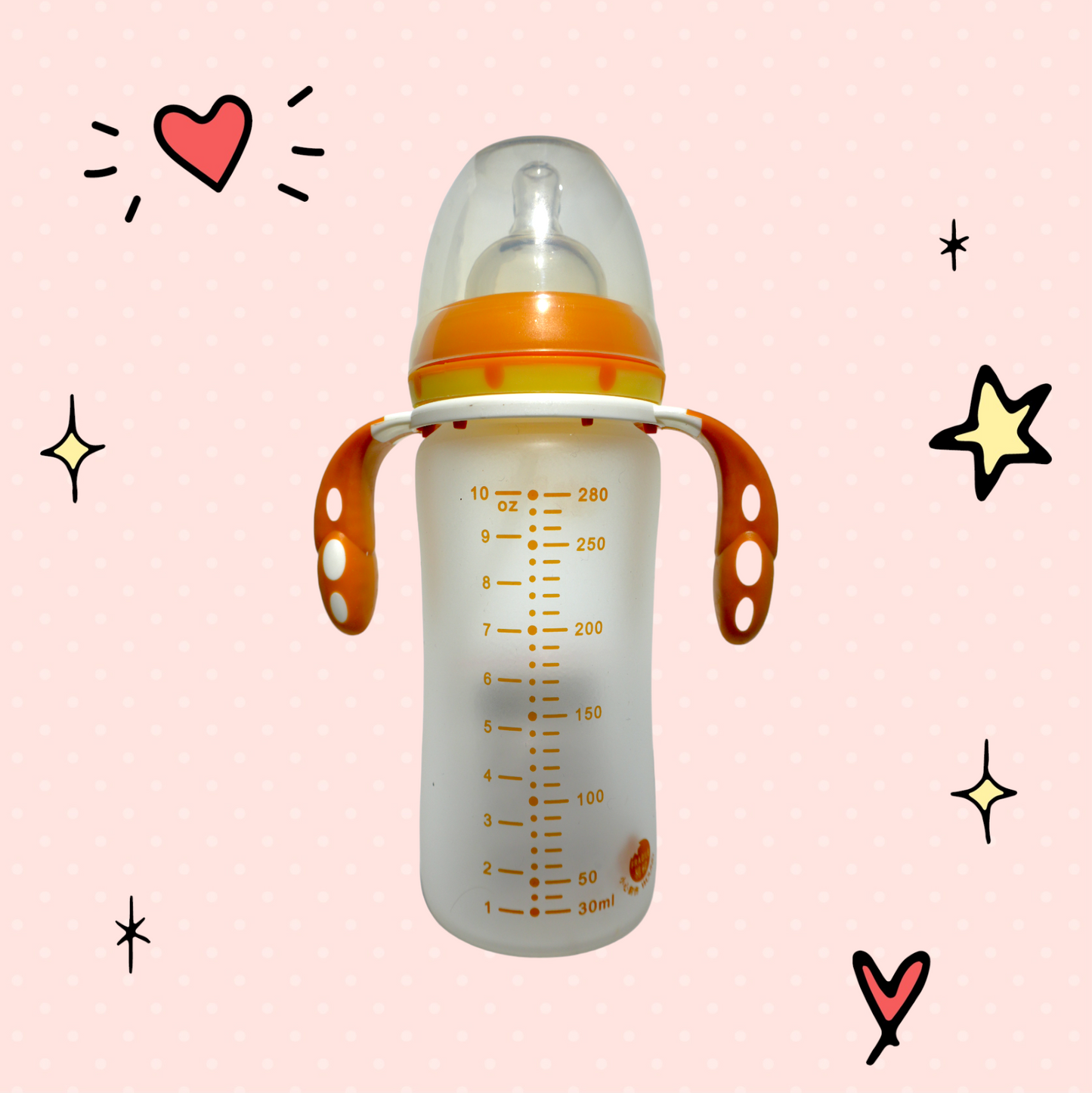 Discover the Wide Neck Glass Baby Feeder with Handles from Cute Baby Brand on Babyfairy.pk! Made from BPA-free materials, this 280ml feeder is perfect for babies 6+ months. Features include sturdy plastic handles and a secure cap. Available in adorable orange and pink colors. Safe, practical, and charming for your little one's feeding needs!